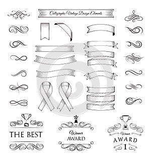 Trophy set. Ribbons, medals, awards, cups and banners collection. Vector Illustration On White Background.