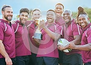 Trophy, sports team portrait and celebrate rugby teamwork, achievement or winning game, match or tournament competition