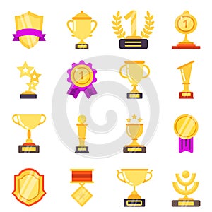 Trophy symbols. Achievement awards medals with ribbons for winners sport victory vector flat icons