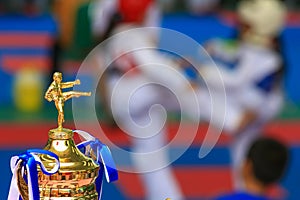 Trophy for Taekwondo contest with athletes fighting in background