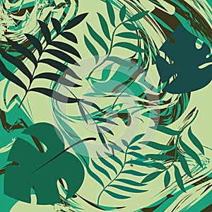 Tropic backgound. Tropical leaves on green marble texture. Design template.