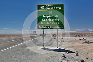 Tropic of Capricorn road sign. San Pedro de Atacama. Antofagasta region. Chile