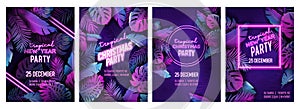 Tropic Christmas party neon flyer set, vibrant vector New Year holiday poster. Disco monstera palm leaves design