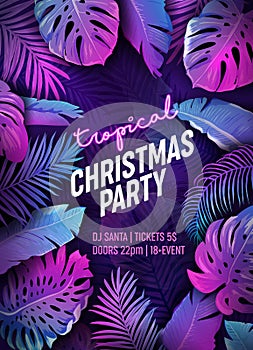 Tropic Christmas Party Neon Flyer, Vibrant Vector Summer Holiday Poster, Disco monstera palm leaves design