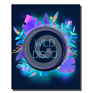 Tropic disco party flyer. Design template. Tropical leaves, blue neon glowing. Advertisement, background. Night club banner
