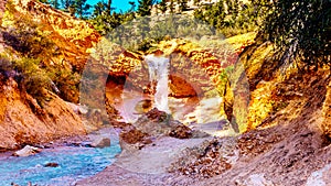 Tropic Ditch Falls as it drops over the vermilion colored rocks at the Mossy Cave hiking trail in Bryce Canyon National Park