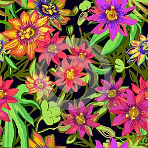 Tropic exotic flowers seamless pattern. Passiflora, orchid, plumeria. Isolated in black background with green leaves, jungle