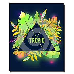 Tropic flyer design template. Tropical leaves with neon glowing. Advertisement, background. Night club, disco, party banner