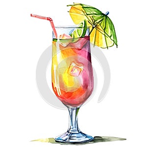 tropic fruit coctail in glass for rest relax watercolor paint