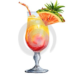 tropic fruit coctail in glass for rest relax watercolor paint