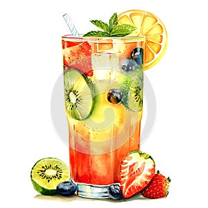 tropic fruit coctail in glass for rest relax watercolor paint