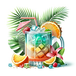 tropic fruit coctail in glass for rest relax on white background