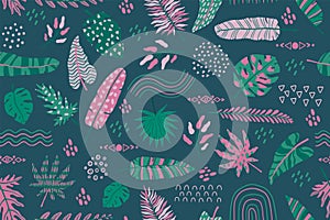 Tropic leaf pattern. Palm tree leaves, geometric modern trend print, surf botanical summer background. Green and pink