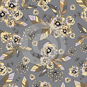 Tropic leaves with peony and roses buds, lotus and lily flowers. Drawn seamless background pattern. Vector