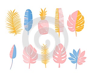 Tropic leaves and pineapple. Set of flat illustrations, decoration elements for cards, fashion prints and stationary.