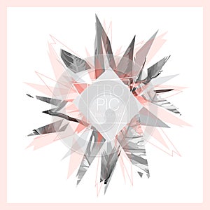 Tropic leaves pink grey black white abstract design explosion pieces. Exotic futuristic digital vector minimal design.