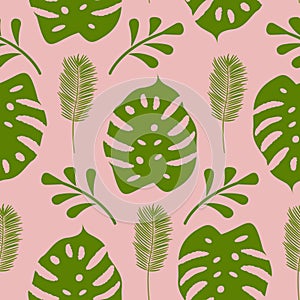 Tropic leaves seamless pattern on a pastel pale pink background. Botanical illustration with exotic leaves in Boho style