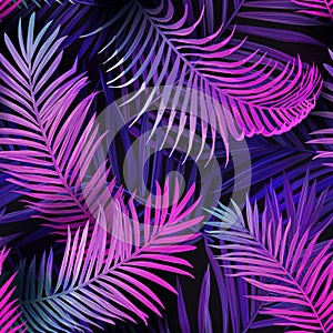 Tropic neon seamless vector background, summer tropical palm leaves vibrant pattern, hawaii floral illustration photo