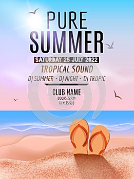 Tropic Summer Beach Party. Tropic Summer vacation and travel. Tropical poster colorful background island. Music summer