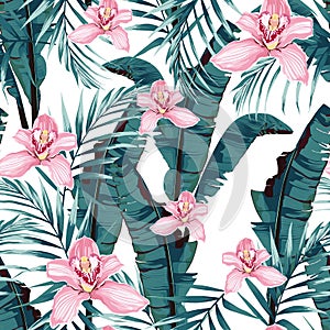 Tropic summer painting seamless pattern with palm banana leaf and plants.