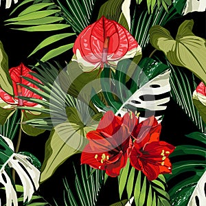 Tropic summer painting seamless pattern with palm leaves and red Spathiphyllum, amarylis lilies flowers branch.