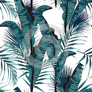 Tropic summer painting seamless vector pattern with palm banana leaf and plants.