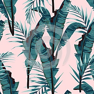 Tropic summer painting seamless vector pattern with palm banana leaf and plants.