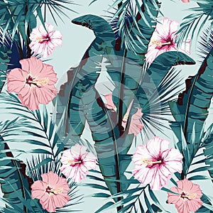 Tropic summer painting seamless vector pattern with palm banana leaf and plants. Floral jungle hibiscus paradise flowers.