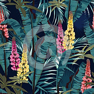 Tropic summer painting seamless vector pattern with palm banana leaf and plants. Floral jungle lupines paradise flowers.