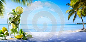 tropic summer vacation; Exotic drinks on blur tropical beach background photo
