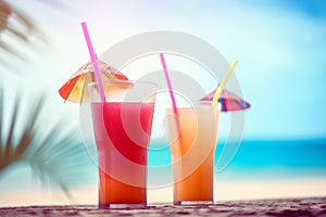 tropic summer vacation Exotic drinks on blur tropical beach background