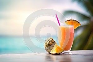 tropic summer vacation Exotic drinks on blur tropical beach background . Travel promotion banner template Generative AI