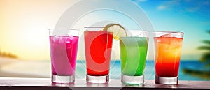 tropic summer vacation Exotic drinks on blur tropical beach background . Travel promotion banner template Generative AI