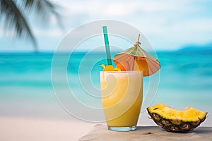tropic summer vacation Exotic drinks on blur tropical beach background . Travel promotion banner template Generative AI