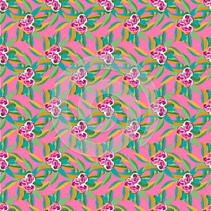 Tropica Flowers and Fern-Flowers in Bloom seamless repeat pattern background in pink,green,yellow,orange and white