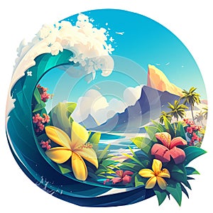 Tropical 3d cartoon style illustration, round emblem logo with Hawaiian landscape with wave, hibiscus flower. Isolated element