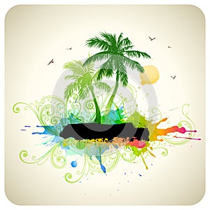 Tropical abstract background with palm trees, flourishes, splatters, brushes