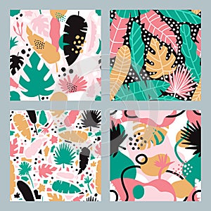 Tropical abstract patterns. Hand drawn seamless jungle leaves backdrop. Abstract contemporary floral vector background