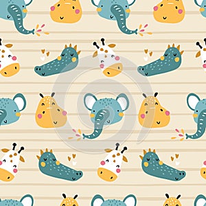 Tropical Africa. Seamless pattern with cute animals faces. Childish print for nursery in a Scandinavian style. For baby clothes,