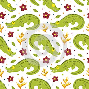 Tropical african animal crocodile and plants. Seamless pattern isolated on white