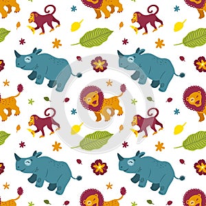 Tropical african animals rhino, monkey, lion and plants. Seamless pattern