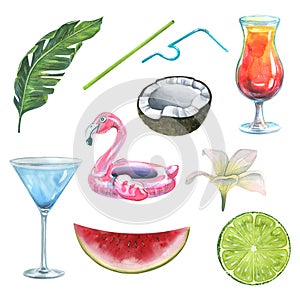 Tropical alcoholic cocktails with fruits, flamingos and plants. Watercolor illustration. Set from the BEACH BAR