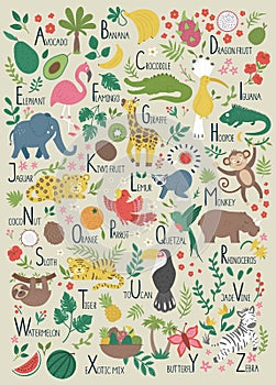 Tropical alphabet for children. Cute flat ABC with jungle animals, fruit, birds, plants. Vertical layout funny poster for teaching
