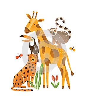 Tropical animals flat vector illustration. Exotic fauna, wildlife. Cartoon giraffe, monkey, lemur, toucan and leopard