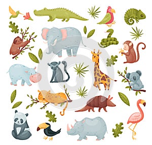 Tropical Animals from South Africa with Green Leaf and Foliage Big Vector Set