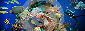 Tropical Anthias fish with net fire corals photo
