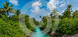 Tropical artificial river panorama view at Maldives