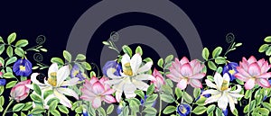 Tropical Asian flowers. Seamless banner with lotus, anchan. Blue clitoria ternatea and pink white waterlilies. Blooming