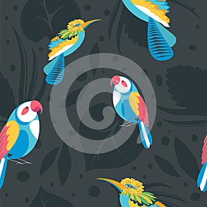 Tropical avian animals, birds and leaves vector