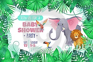 Tropical baby shower. Elephant lion in jungle, african young adorable wild animal and south palm tree leaves cartoon